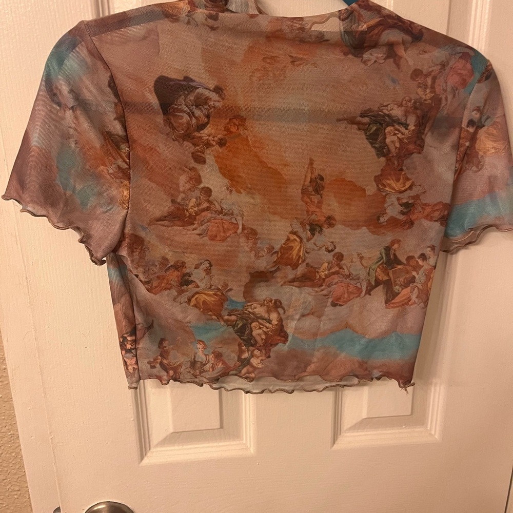 SHEIN Brown and Orange Graphic Crop Blouse